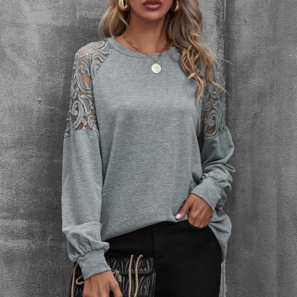 casual Lace detailed Long sleeve top Gray